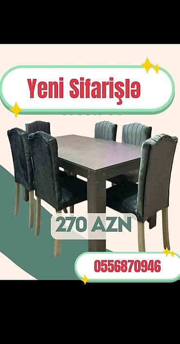 Qonaq otağı üçün, Yeni, Açılmayan, Kvadrat masa, 6 stul