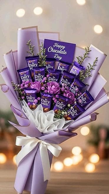gul buket: Şokolad buketi – bənövşəyi temalı dizayn - Tərkib: Cadbury Dairy Milk — 1