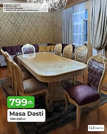 Masa Dəsti – 100×200 sm - Klassik üslubda, oymalı dekorlu yemək