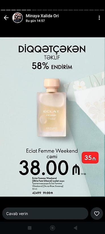 ince sepler: Məhsul: Oriflame Eclat Femme Weekend tualet suyu Həcm: 50 ml Model — 1