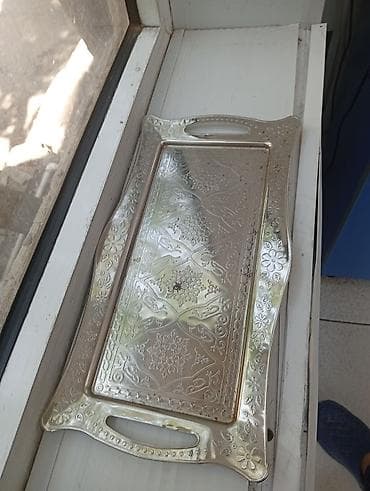 Metall tepsi – dekorativ naxışlı, düzbucaqlı formalı, iki tərəfdən — 2
