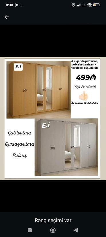 bal: Geniş 6 qapılı paltar dolabı - Ölçü: 2x240x45 sm - Ön hissədə 2 böyük — 1