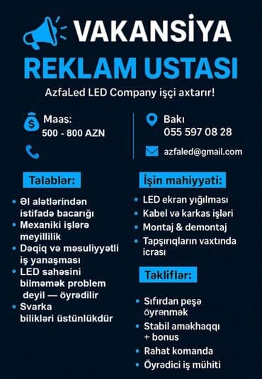 Vakansiya: Reklam ustası (AzfaLed LED Company) Maaş: 500–800 AZN