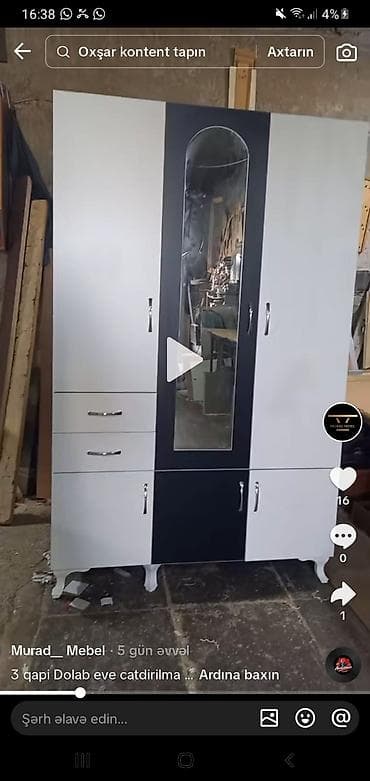 3 qapılı, Güzgülü, Ağ, Açılan, Düz dolab