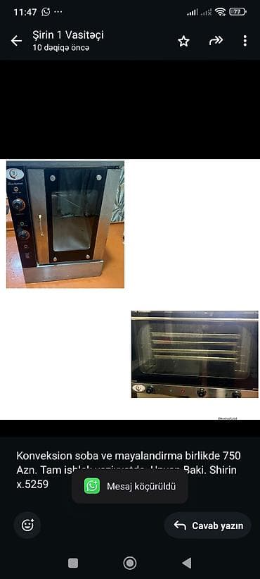 Konveksion soba ve mayalandirma birlikde 750 Azn. Tam ishlek