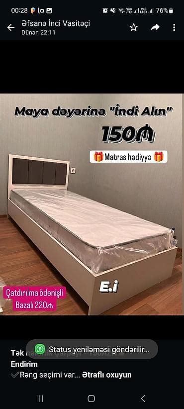 Мебель на заказ: *Tək nəfərlik Çarpayı - 150AZN💥* *Endirim* ✔️Rəng seçimi var Ölçü — 1