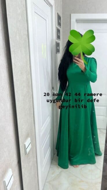 bine qadın geyimleri instagram: Qadın geyimləri paketi - Yaşıl maxi don: uzun, qollu, beldən yığma — 1