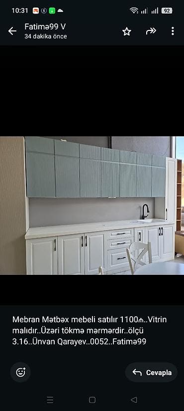quxna mebli: Mebran Mətbəx mebeli satılır 1100₼. Vitrin malıdır. Üzəri tökmə — 1