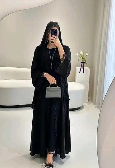 Qara abaya dəsti - Elegant, uzun kəsimli qara abaya – geniş, dalğalı