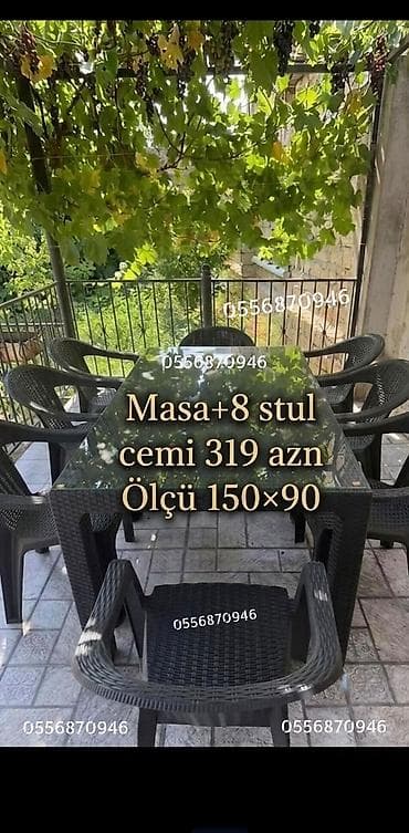 Yeni, Dördbucaq masa, 8 stul, Açılmayan, Stullar ilə, Plastik, Türkiyə