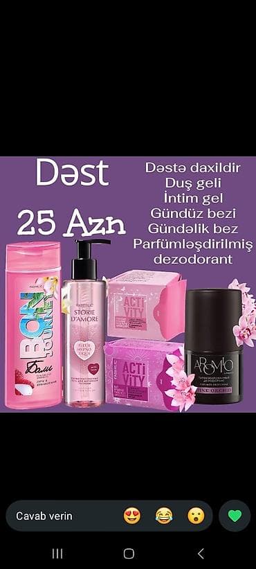 Qadınlar üçün şəxsi baxım dəsti – 25 AZN Dəstərin tərkibi: - Duş geli