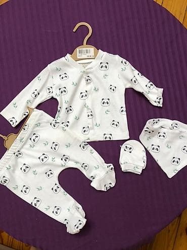 Körpələr üçün 5 parçalı geyim dəsti - Rəng: ağ, üzərində panda və