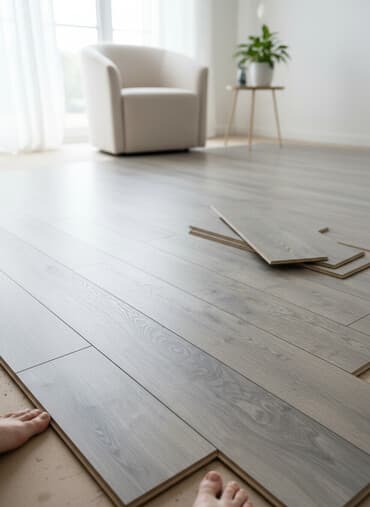 Açıq boz rəngdə, taxta naxışlı laminat döşəmə panelləri. Evdə və ya