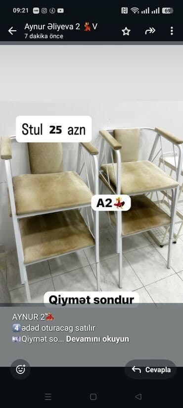 стул металлический: ‎AYNUR 2💃 4️⃣ədəd oturacag satılır 💶Qiymət sondur cəmi 100 azn — 1