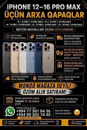 IPhone 12–16 Pro Max modelləri üçün arxa qapaqlar. Uyğun modellər: -