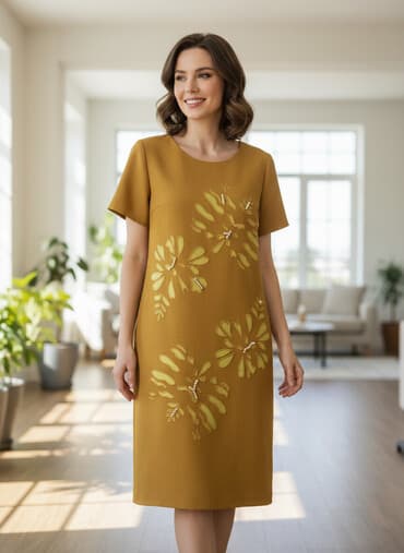 Sərbəst kəsimli qadın donu - Rəng: xardal/sarı-yaşıl tonlarında -