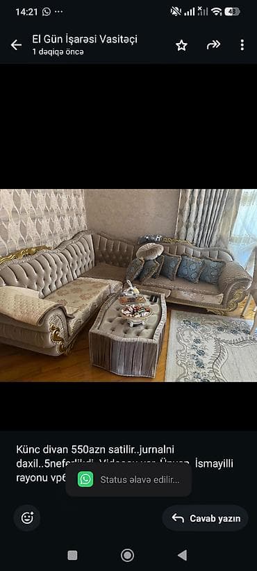Künc divan 550azn satilir. jurnalni daxil. 5neferlikdi. Videosu var