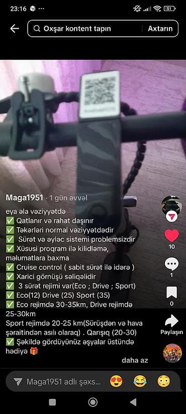 İşlənmiş Elektrik samokat 10", 351 - 500 Vt, 26 - 35 km/s, Ünvandan götürmə