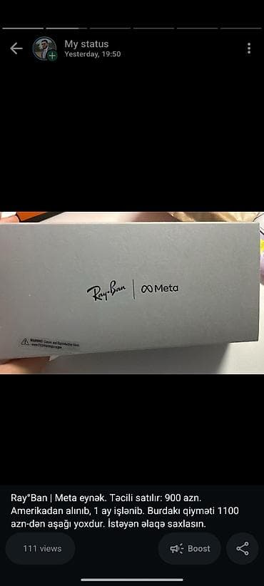 rayban meta: Ray°Ban | Meta eynək. Təcili satılır: 900 azn. Amerikadan alınıb, 1 ay — 7