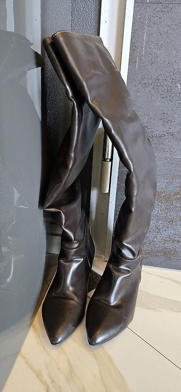 рабочие мужские сапоги: Qadın dizə qədər çəkmələr - Rəng: tünd qəhvəyi - Material: hamar — 1