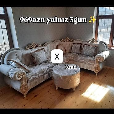 pufiki: Künc divan dəsti – klassik barokko üslubunda - Rəng: açıq krem/boz — 1