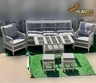 hesir divan: Yeni, Jurnal masası, 2 kreslo, Həsir toxunuşlu, Türkiyə — 1