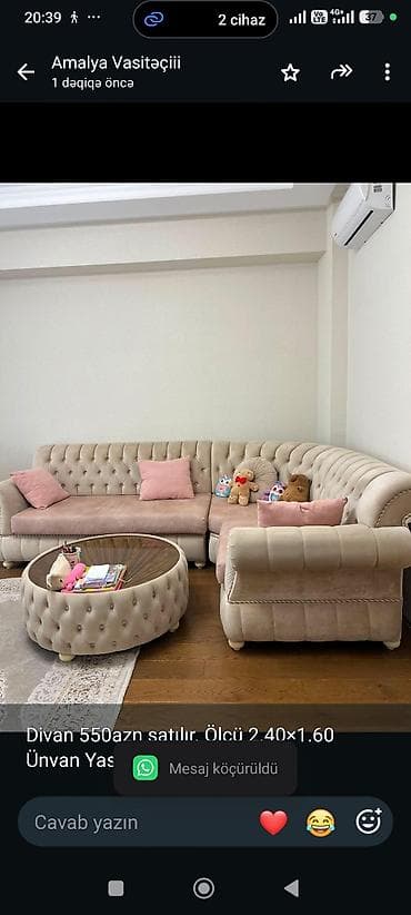 Divan 550azn satılır. Ölçü 2.40×1.60 Ünvan Yasamal (aml) lalafo.az -da Divan 550azn satılır. Ölçü 2.40×1.60 Ünvan Yasamal (aml)