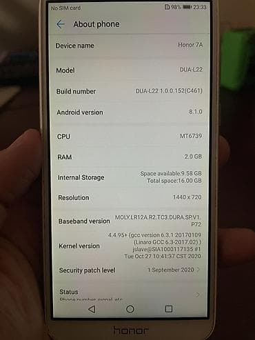 silver et ceken: Honor 7A, 16 GB, rəng - Qızılı, Sensor — 7