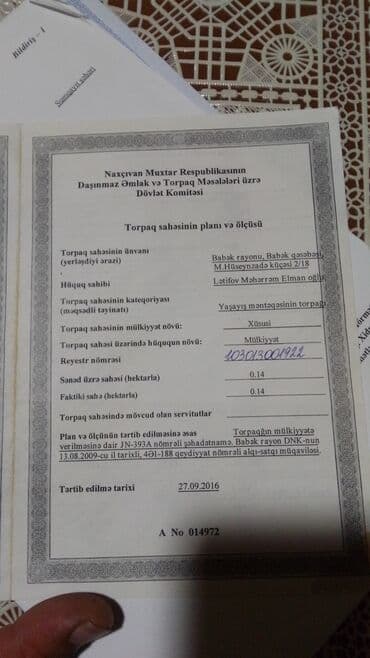 xətai rayonu kirayə evlər: 14 sot, Tikinti, Mülkiyyətçi, Kupça (Çıxarış) — 1
