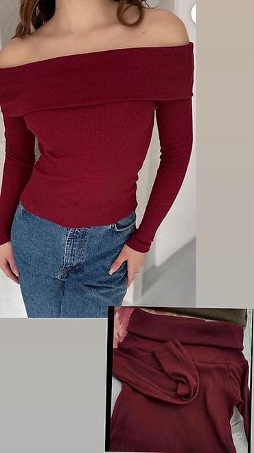 Bordo rəngli ofşouldər (çiyin açıq) sviter/bluz. - Model: çiyindən