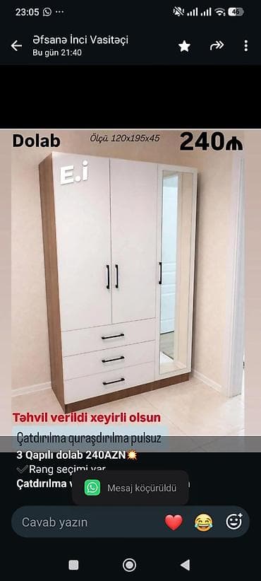 *3 Qapılı dolab 240AZN💥* ✔️Rəng seçimi var *Çatdırılma və lalafo.az -da *3 Qapılı dolab 240AZN💥* ✔️Rəng seçimi var *Çatdırılma və