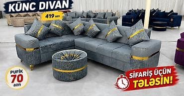 sultan divan: Künc divan dəsti – müasir dizayn - Rəng: boz-mavi, qızılı dekor — 1