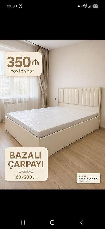 Bazalı çarpayı – 160×200 sm - Dəzgah altı geniş baza: yorğan, yastıq