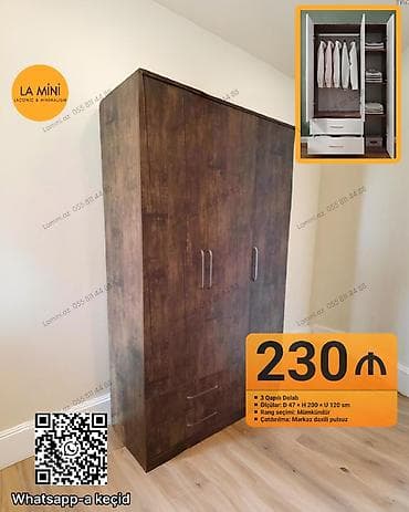 3 qapılı, Siyirməli, Qəhvəyi, Açılan, Düz dolab