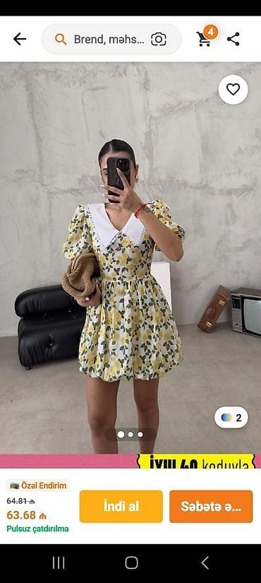 Qadın qısa don – çiçək naxışlı - Dizayn: Sarı güllü və yaşıl yarpaqlı