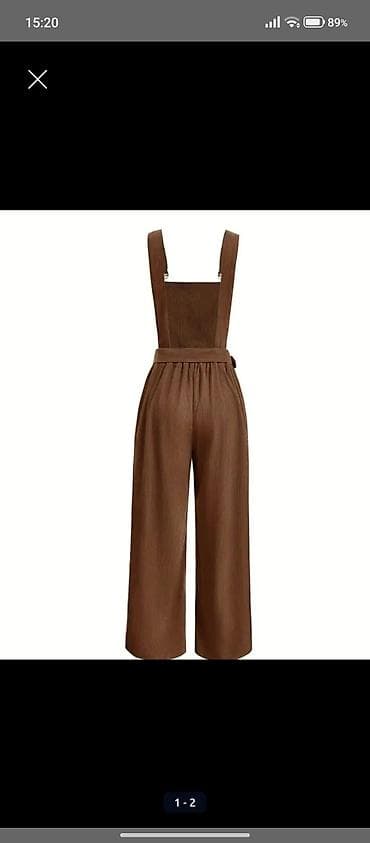 Qadın kombinezonu – korduroy görüntülü, qəhvəyi rəng. - Model: ön