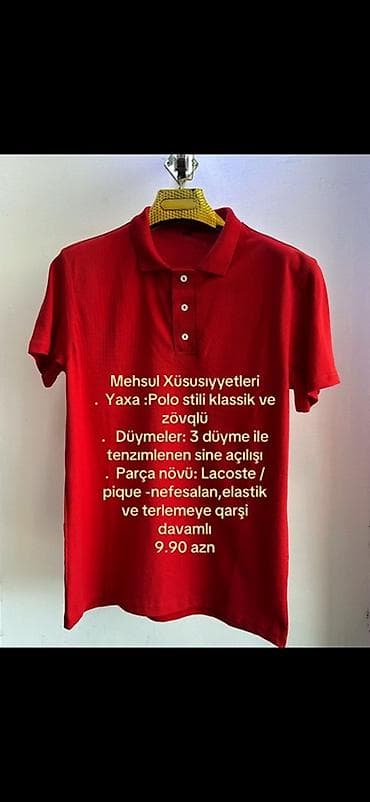 Мужская одежда: Qırmızı rəngli klassik polo köynək - Yaxa: Polo stili, klassik və — 1