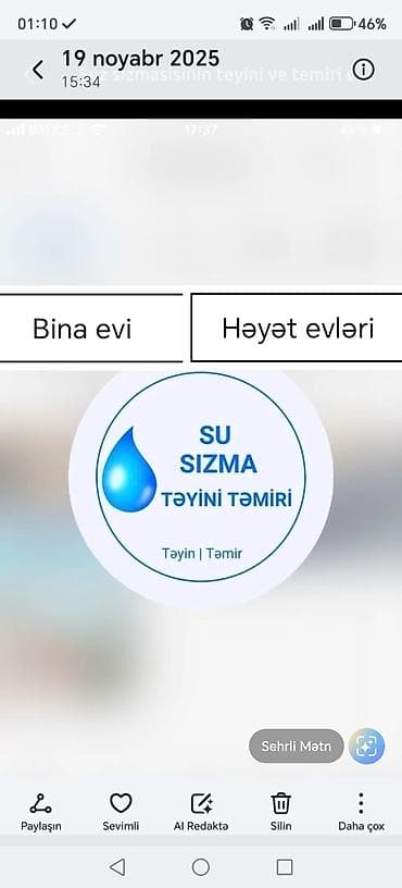 Xidmət: Su sızmasının təyini və təmiri Təsvir: - Mənzillər və həyət
