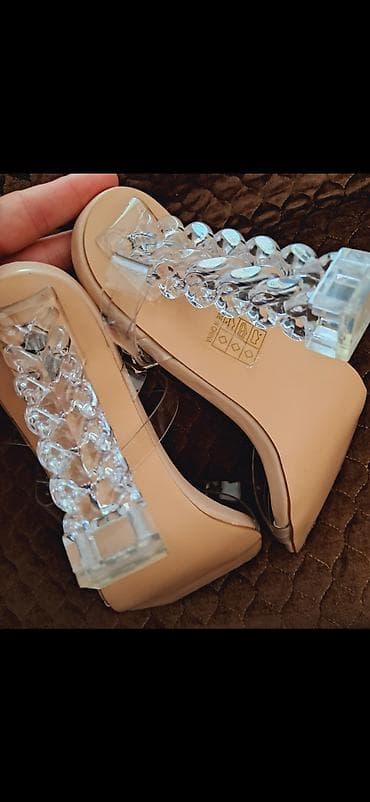 ayaqlar: Şəffaf zəncir naxışlı topuqlu qadın terlik/sandal YENIDIR GEYINILMEYIB — 5
