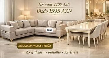 Künc divan + masa və 6 stul dəsti - Zərif, müasir dizayn: krem