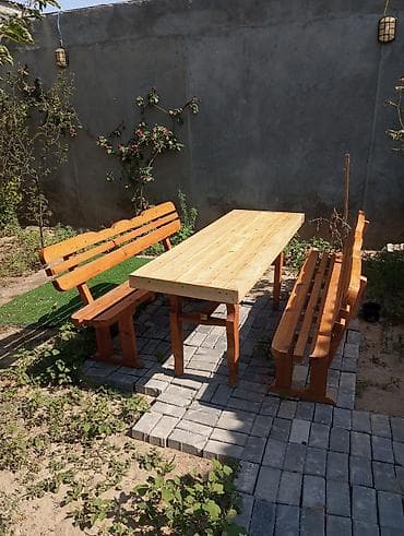 işlenmiş stol: Bağ üçün taxta mebel dəsti - Tərkib: 1 ədəd düzbucaqlı stol və 2 ədəd — 5