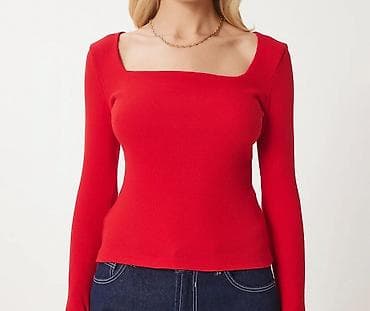 Кофты, свитеры: Qadın trikosu – qırmızı, kvadrat yaxalı - Model: Uzunqollu, bədənə — 2