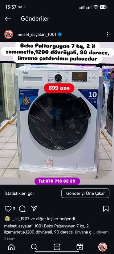 samsung a30 qiymeti kontakt home: Paltaryuyan maşın LG, 7 kq, Avtomat, Qurutmasız, Kredit yoxdur — 9