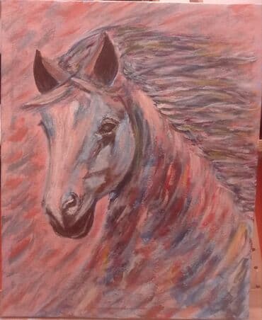 at şekli: Rəngarəng fon üzərində akril boya ilə kətanda çəkilmiş at başı təsviri — 1