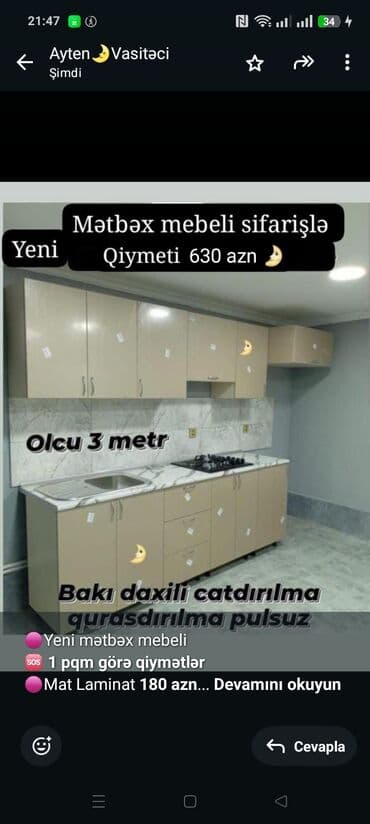 Mətbəx mebeli: 🟣Yeni mətbəx mebeli 🆘 *1 pqm görə qiymətlər* 🟣Mat Laminat *180 azn* — 1