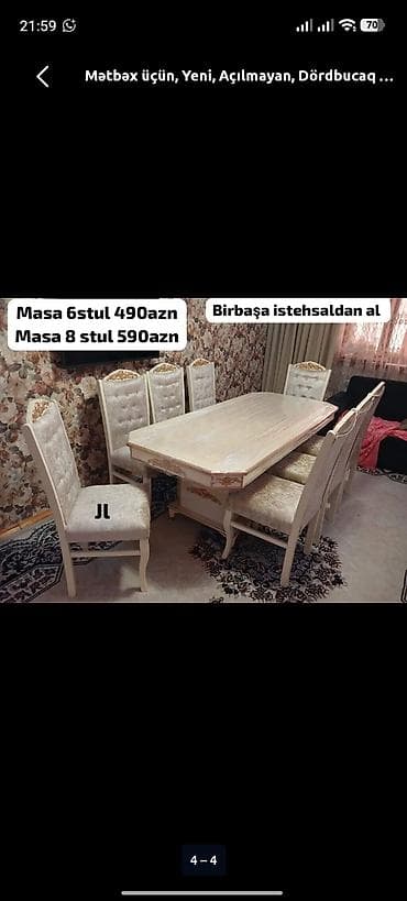 Mətbəx üçün, Yeni, Açılmayan, Dördbucaq masa, 6 stul