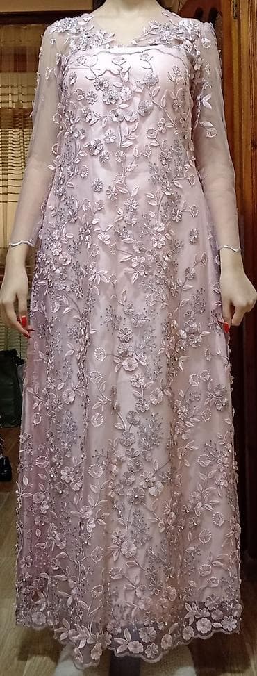 Zərif, uzun ziyafət/libas - Rəng: Pudra-çəhrayı - Material: Atlas — 2