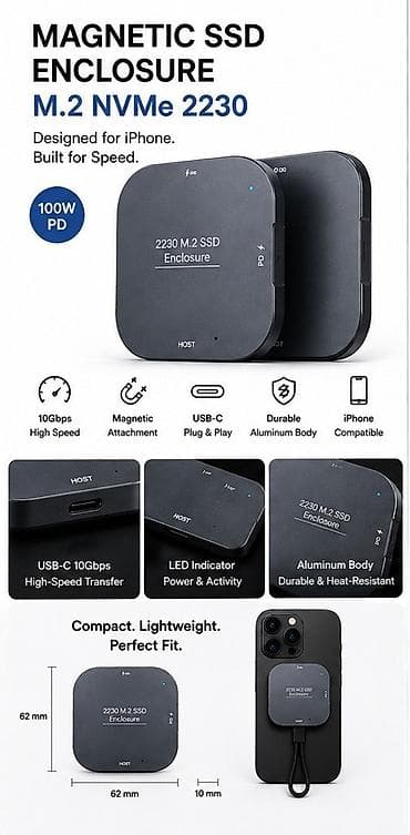 hard disk 3 tb: IPhone üçün Maqnitli SSD Korpusu Premium USB-C M.2 NVMe 2230 Xarici — 4
