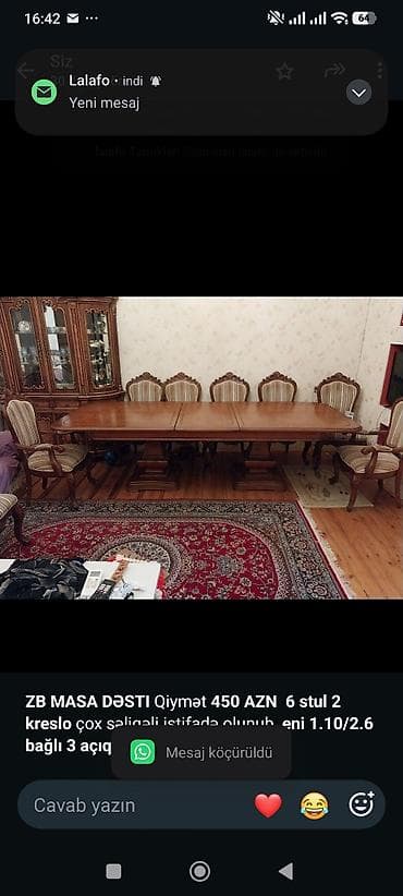 *ZB* *MASA DƏSTI* Qiymət *450 AZN* *6 stul 2 kreslo* çox səliqəli lalafo.az -da *ZB* *MASA DƏSTI* Qiymət *450 AZN* *6 stul 2 kreslo* çox səliqəli