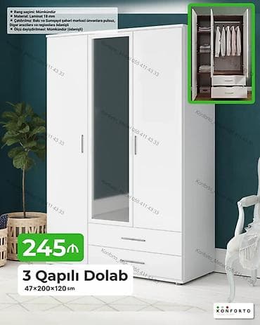 Mebel: 3 qapılı geyim dolabı – 47×200×120 sm - Material: 18 mm laminat - — 1